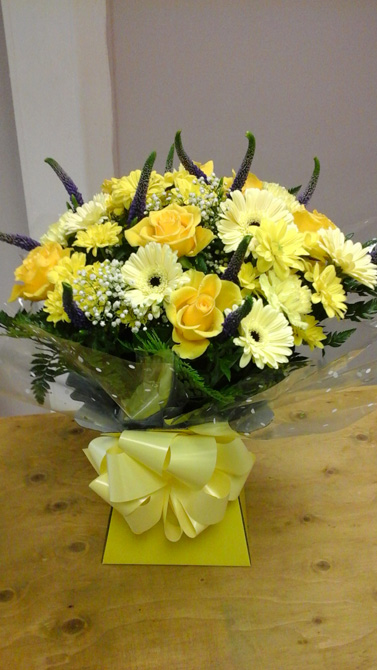 Get well soon flowers bouquet aqua boxed yellow GWSB4